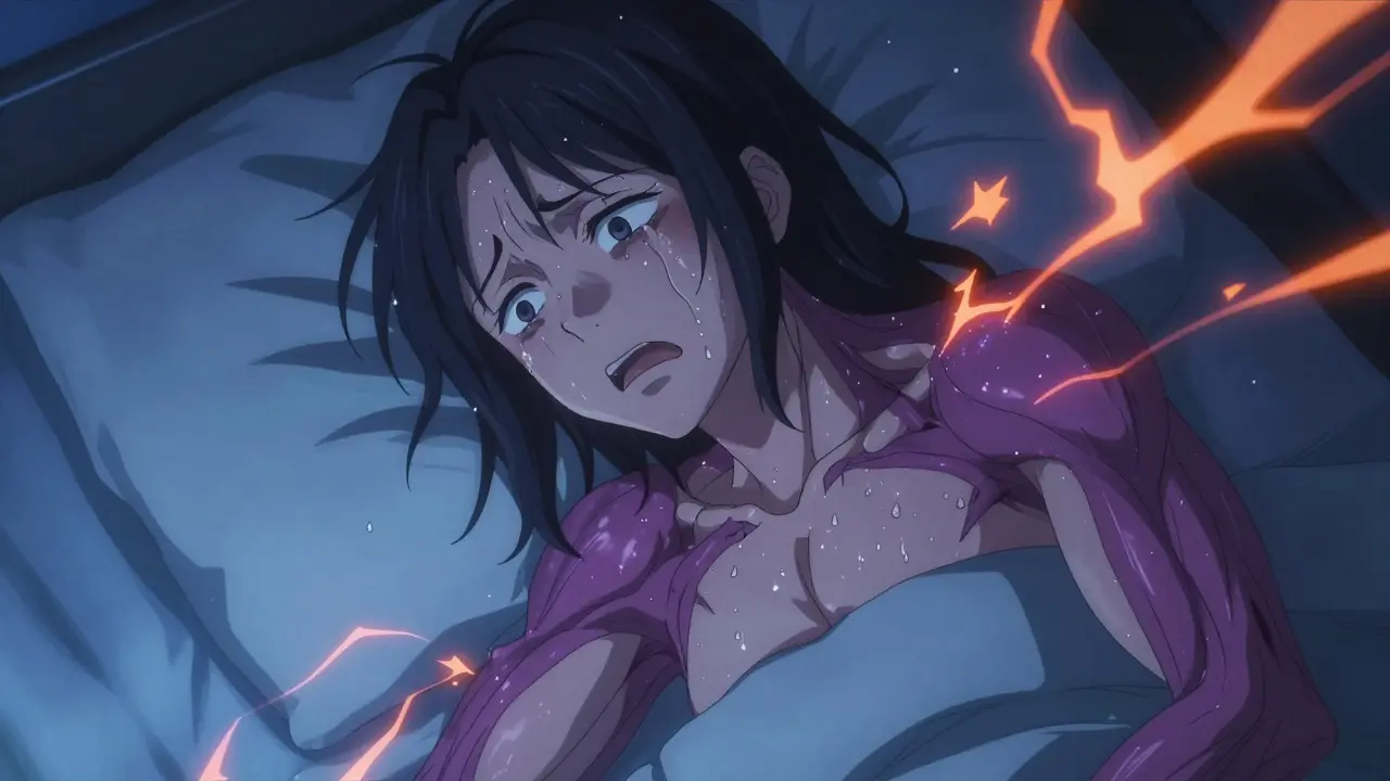 Anime character showing signs of serotonin syndrome with shivering and a confused expression.