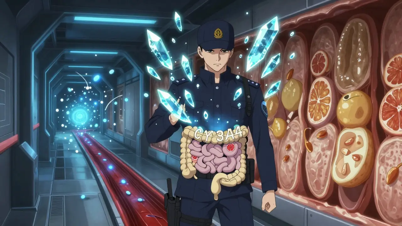 Conceptual depiction of grapefruit compounds blocking a gut enzyme