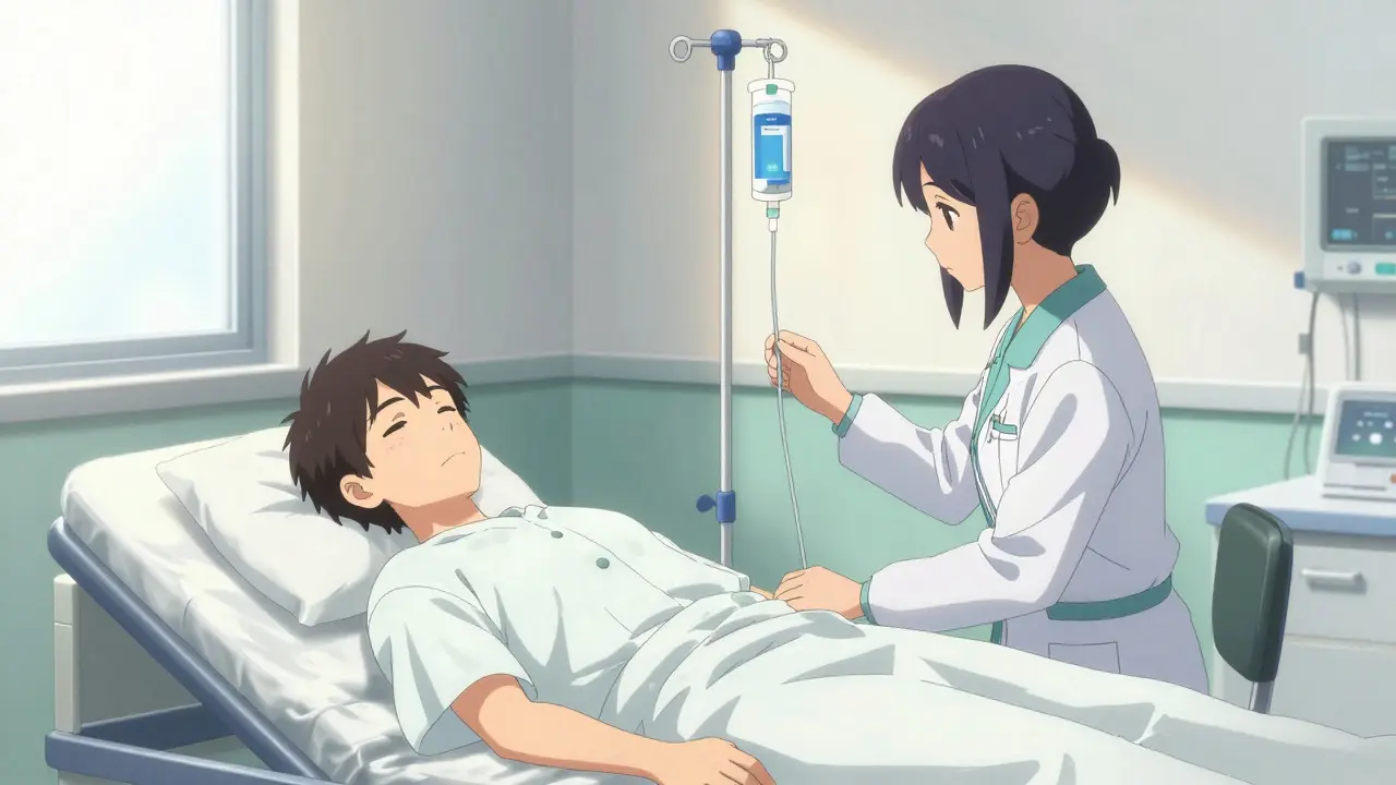 Medical professional providing supportive care and medication to a patient in a clean, bright anime clinic.
