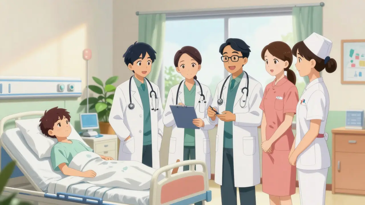 Medical team collaborating for a three-point medication safety check in a ward.