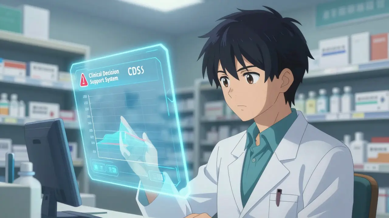 Pharmacist reviewing a weight-based medication alert on a digital screen.