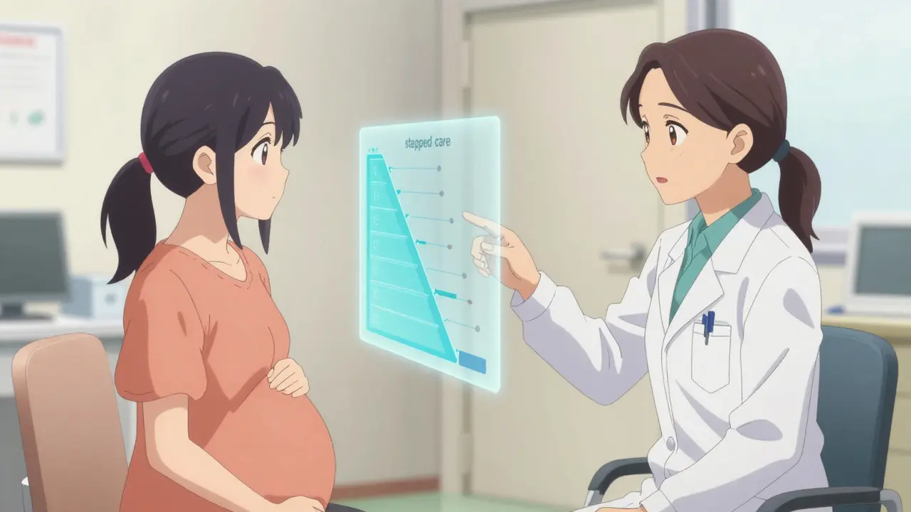 Pregnant woman talking with a supportive doctor in a modern clinic in anime style