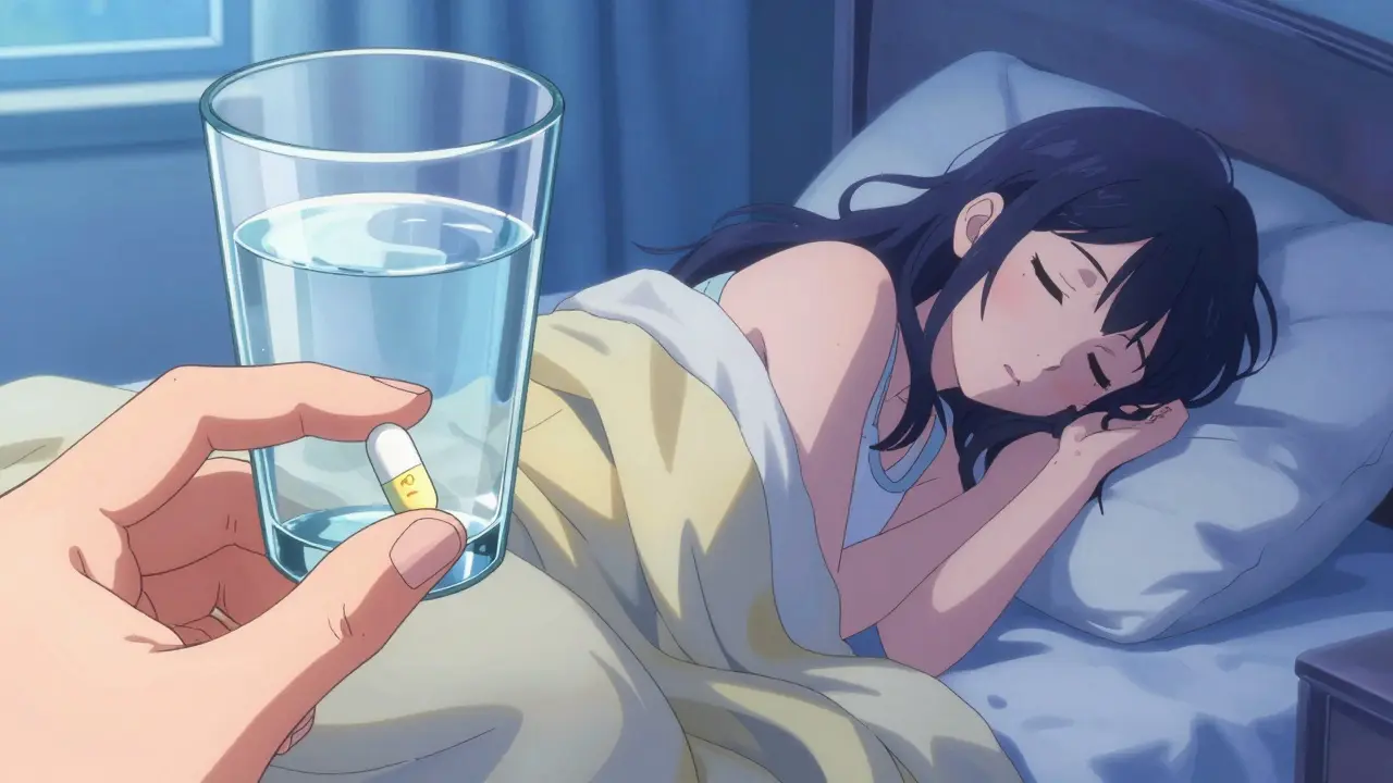 Split scene of a woman taking vitamins and resting in a cozy bedroom in anime style